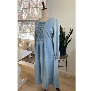 Fads Cotton Denim Pleated Cottagecore Modest Prairie Long Sleeve Maxi Dress